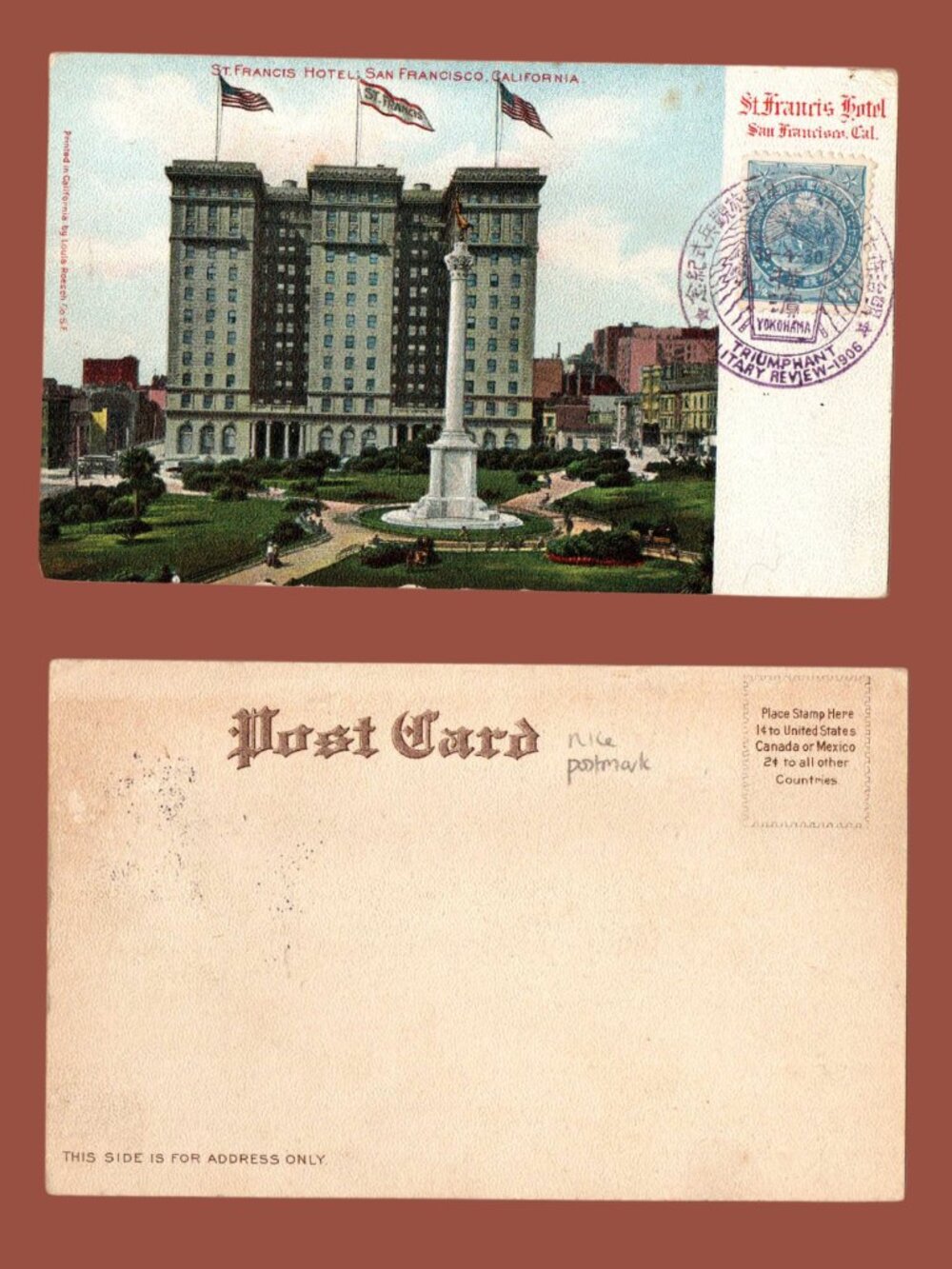 10/$25 Vintage 1906 Blank Hotel St Francis San Francisco California Postcard